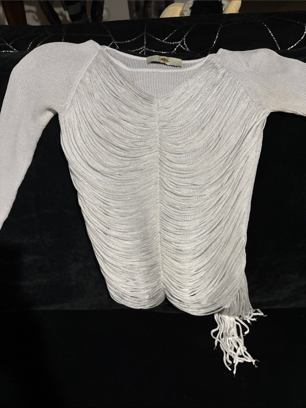 White Ruched Fringe Scoop Neck Sweater